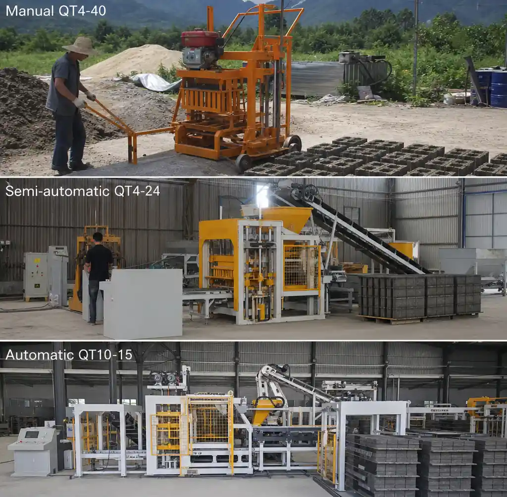 Block making machines showing manual, semi-automatic, and automatic production scales