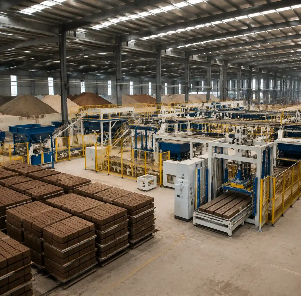 Modern brick making production facility showing different production zones