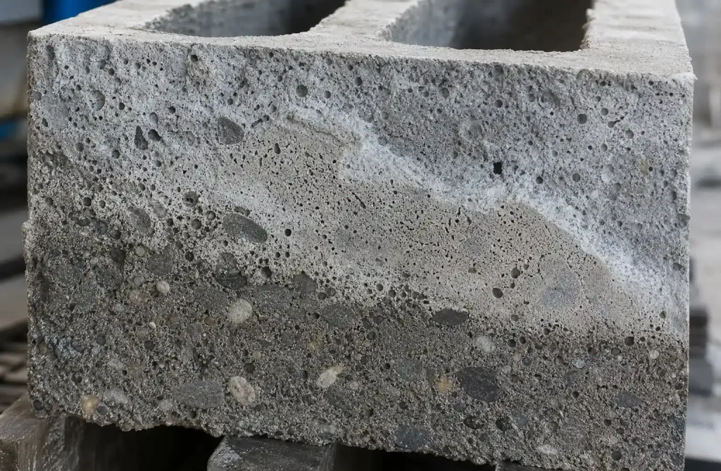 Cement hydration process showing concrete block microstructure and strength development
