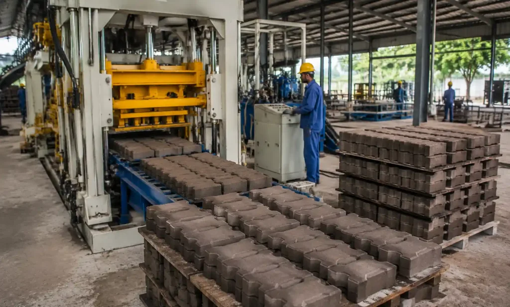 Modern interlocking brick machine in production facility showing automated manufacturing