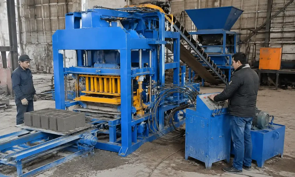 Manual concrete block making machine QT4-40 in operation