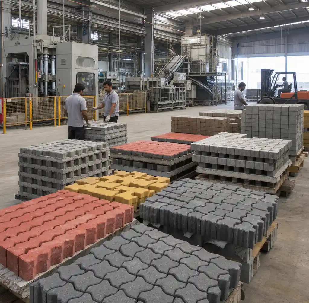 Industrial paver block production line with stacked finished pavers ready for road construction project