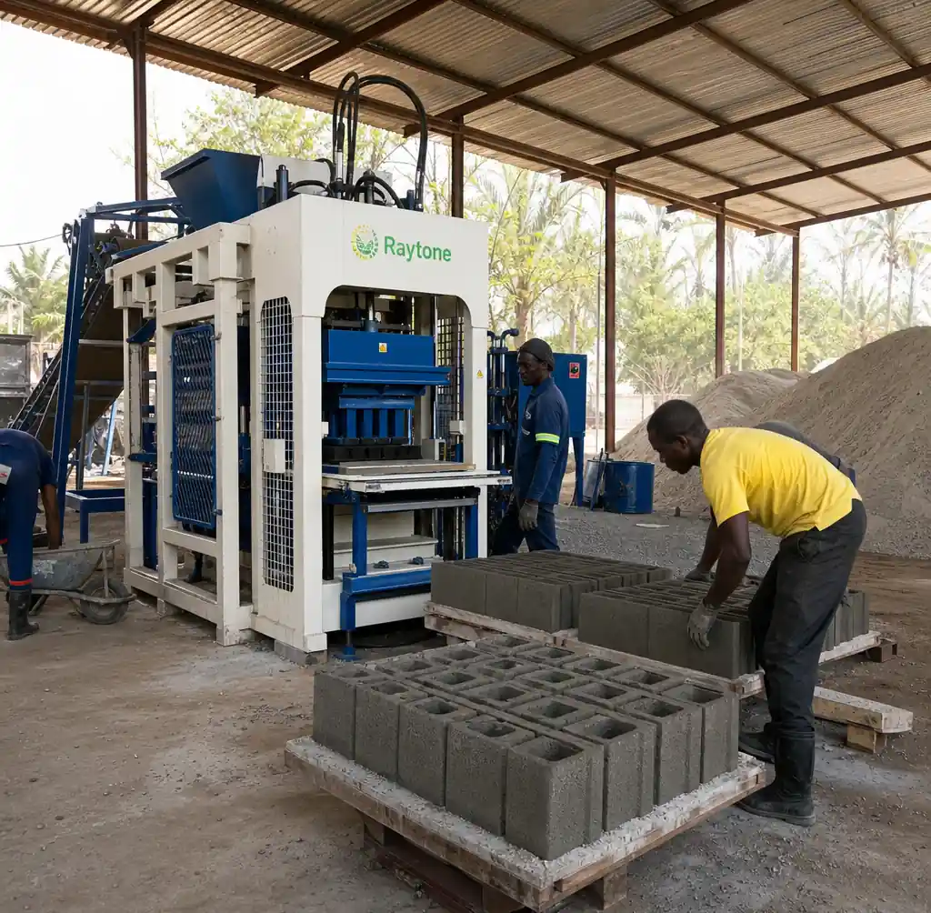 Semi-automatic block making machine in small business production facility