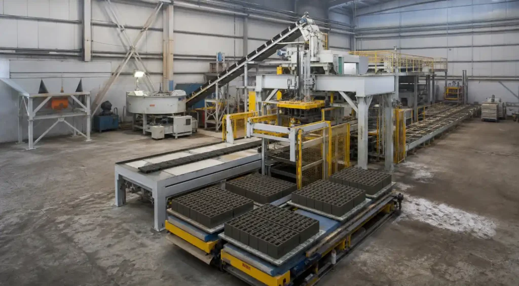 Automatic concrete block production line with batching system and conveyors