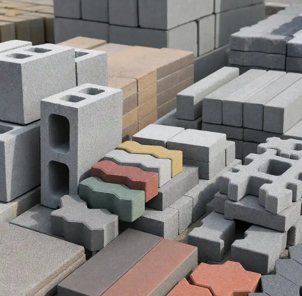 Various concrete block types including hollow blocks, paver blocks, and solid blocks
