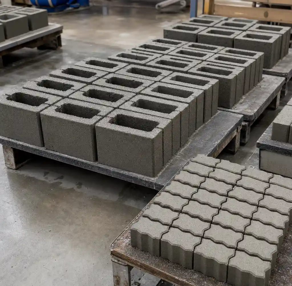 Various concrete block types produced by QT10-15 machine including hollow blocks pavers and solid blocks