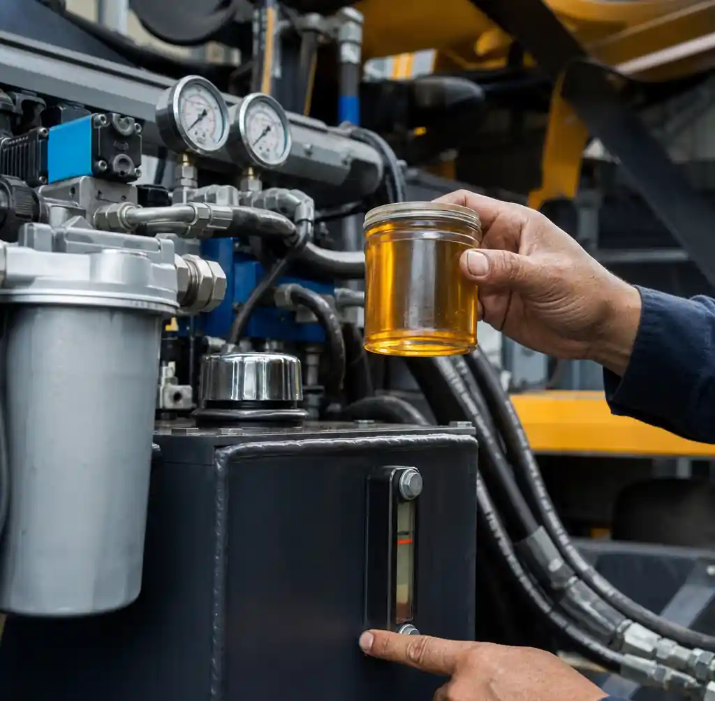 Technician inspecting hydraulic oil quality and system components on block machine