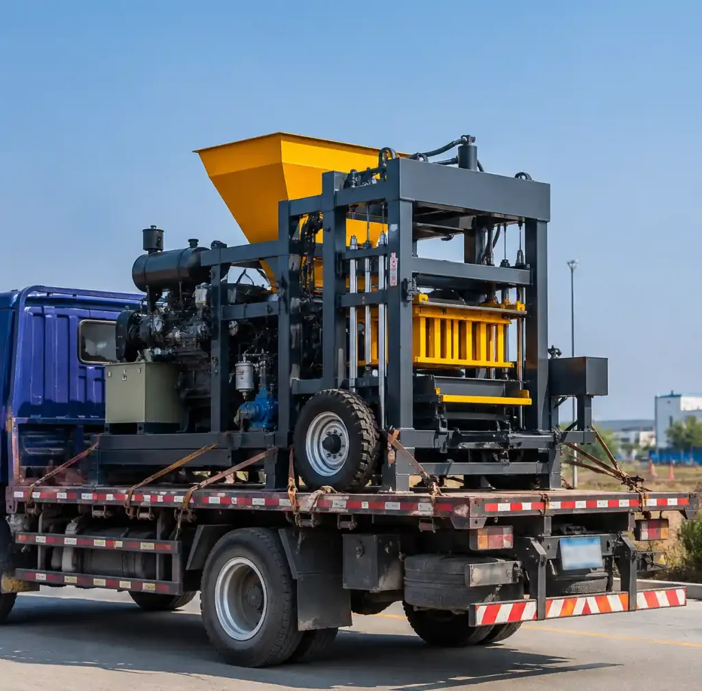 Mobile diesel block machine loaded on flatbed truck