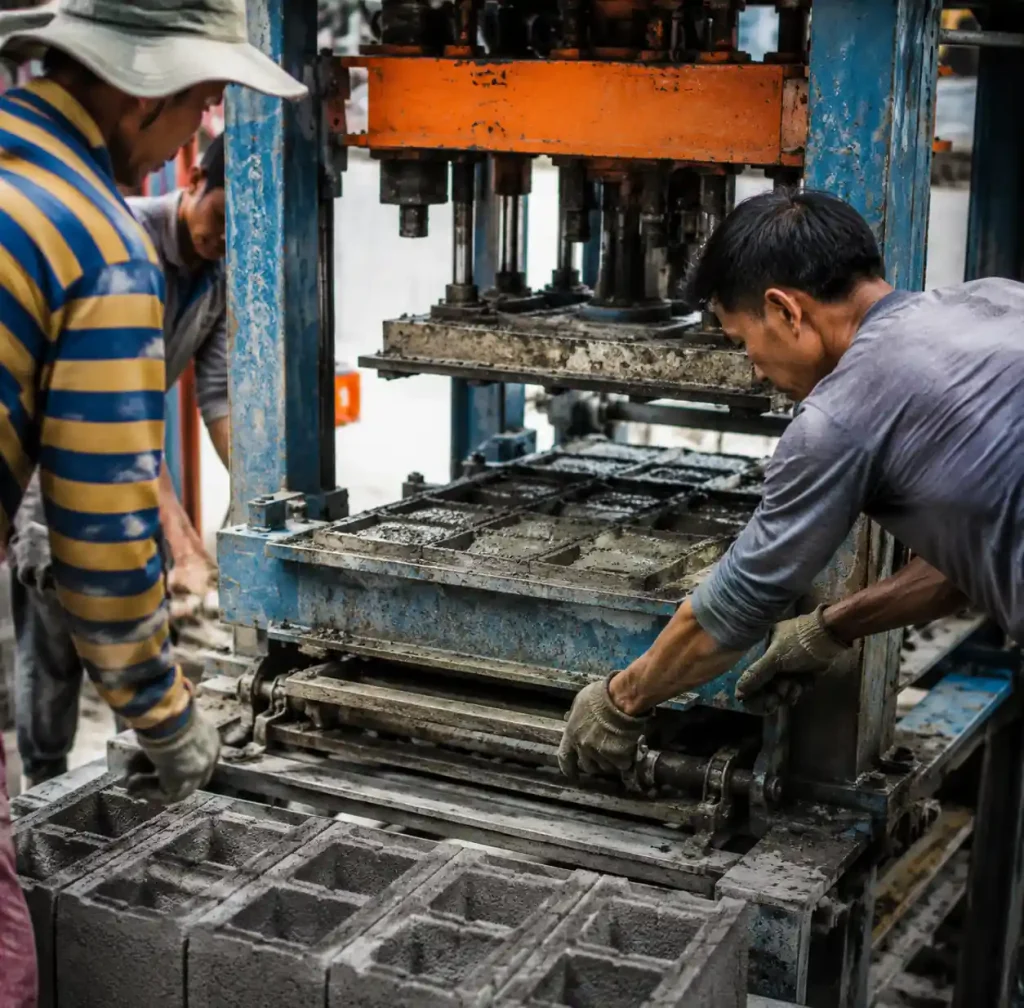 Workers operating manual block making machine in production