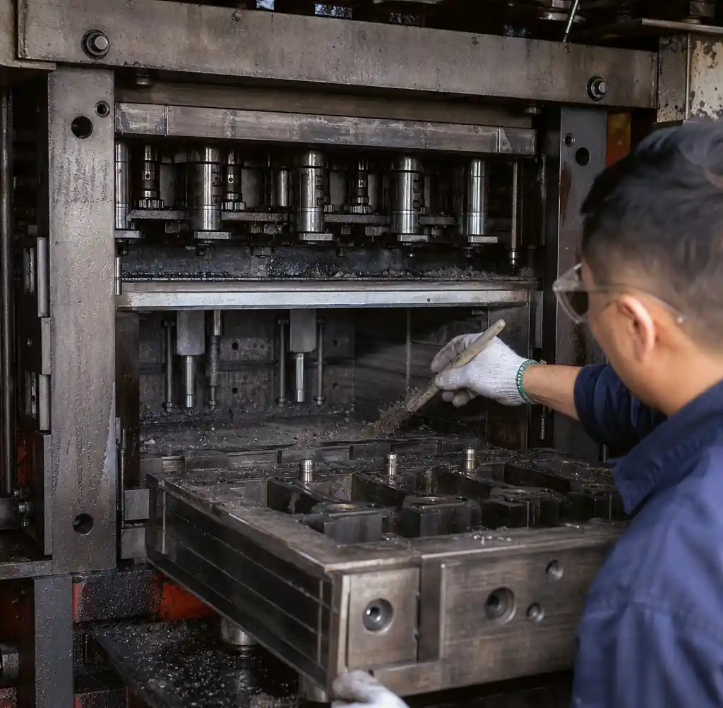 Worker cleaning concrete block mold with proper tools and technique