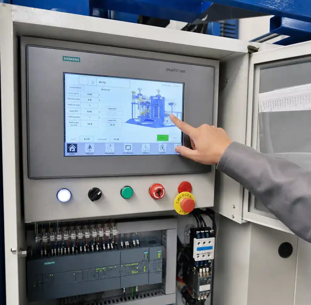 Siemens PLC control panel on QT10-15 block machine showing touchscreen interface and automation controls