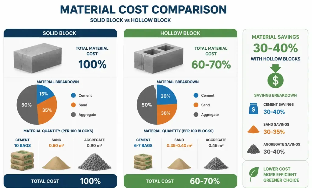 Raw material cost comparison between hollow and solid blocks