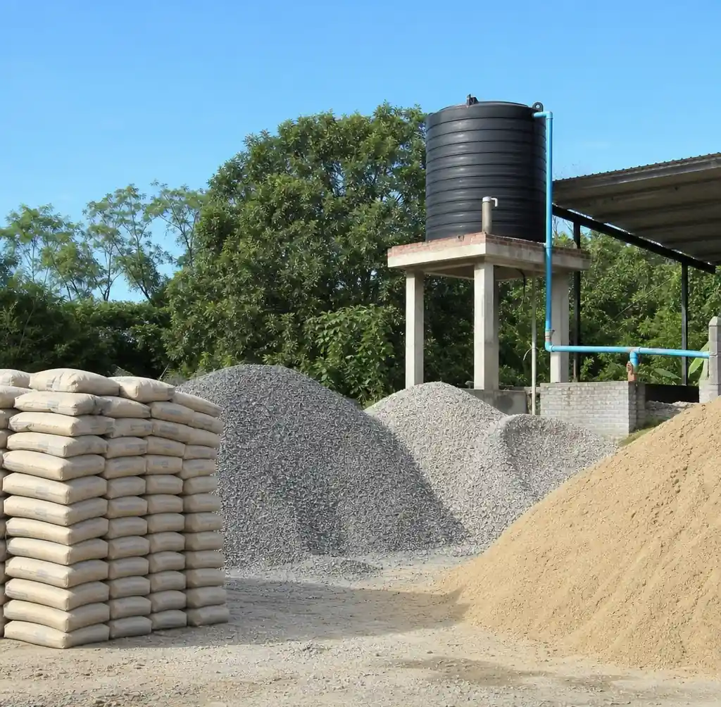 Raw materials for block production including cement bags, sand, and aggregate piles