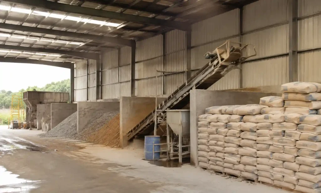 Raw material storage area showing cement bags and aggregates for paver block production