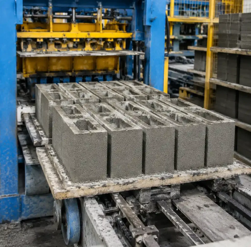 Concrete block machine molding process with fresh blocks on pallets
