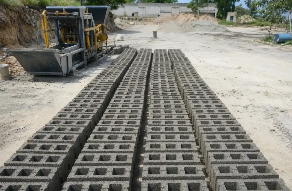 Concrete blocks curing on ground after mobile machine production