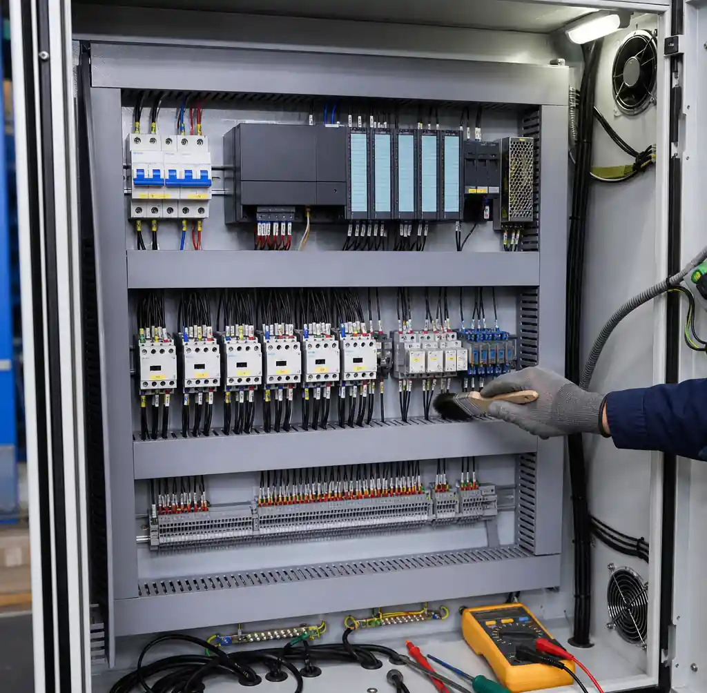 Electrical control cabinet interior showing PLC and components during maintenance check