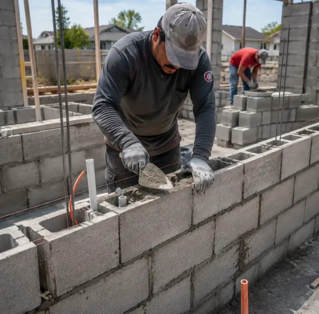 Hollow blocks being used in residential construction project
