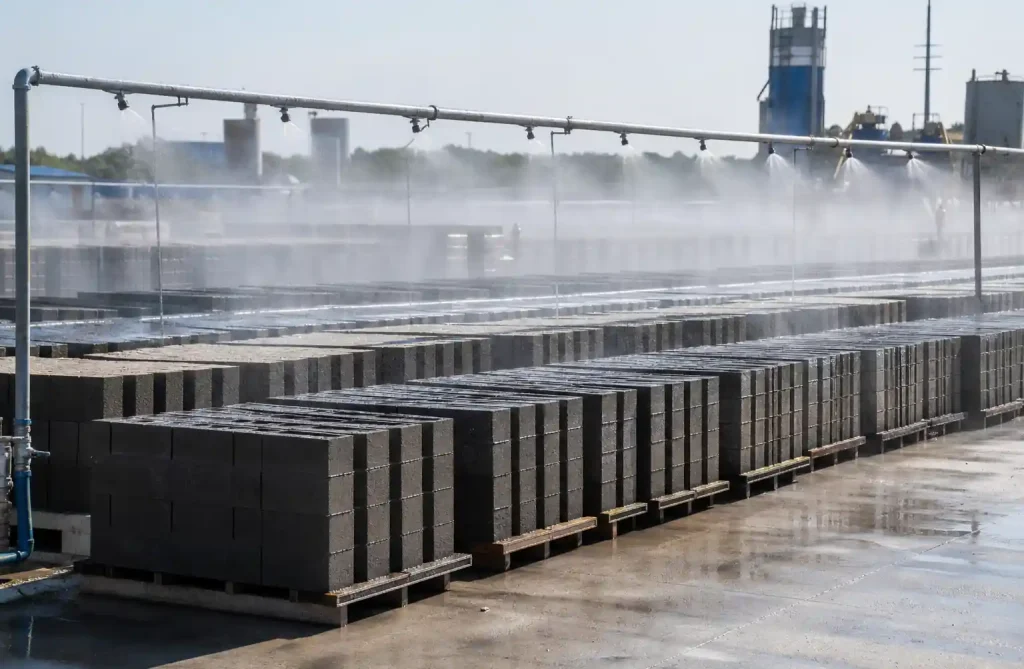 Automated sprinkler system for hot weather concrete block curing