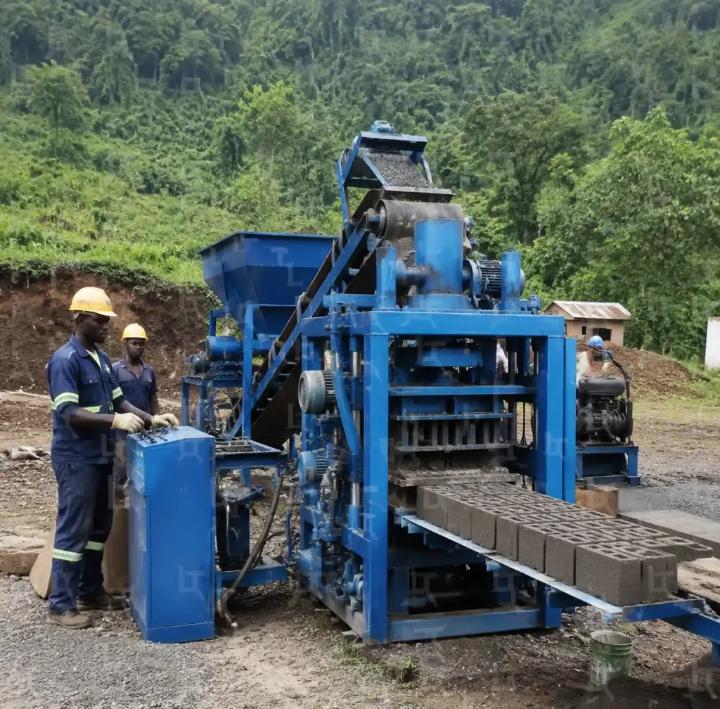 Diesel block machine operating at remote rural construction site