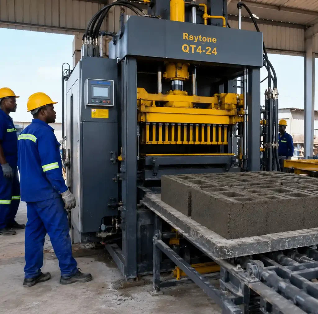 QT4-24 semi-automatic block machine in operation producing concrete blocks