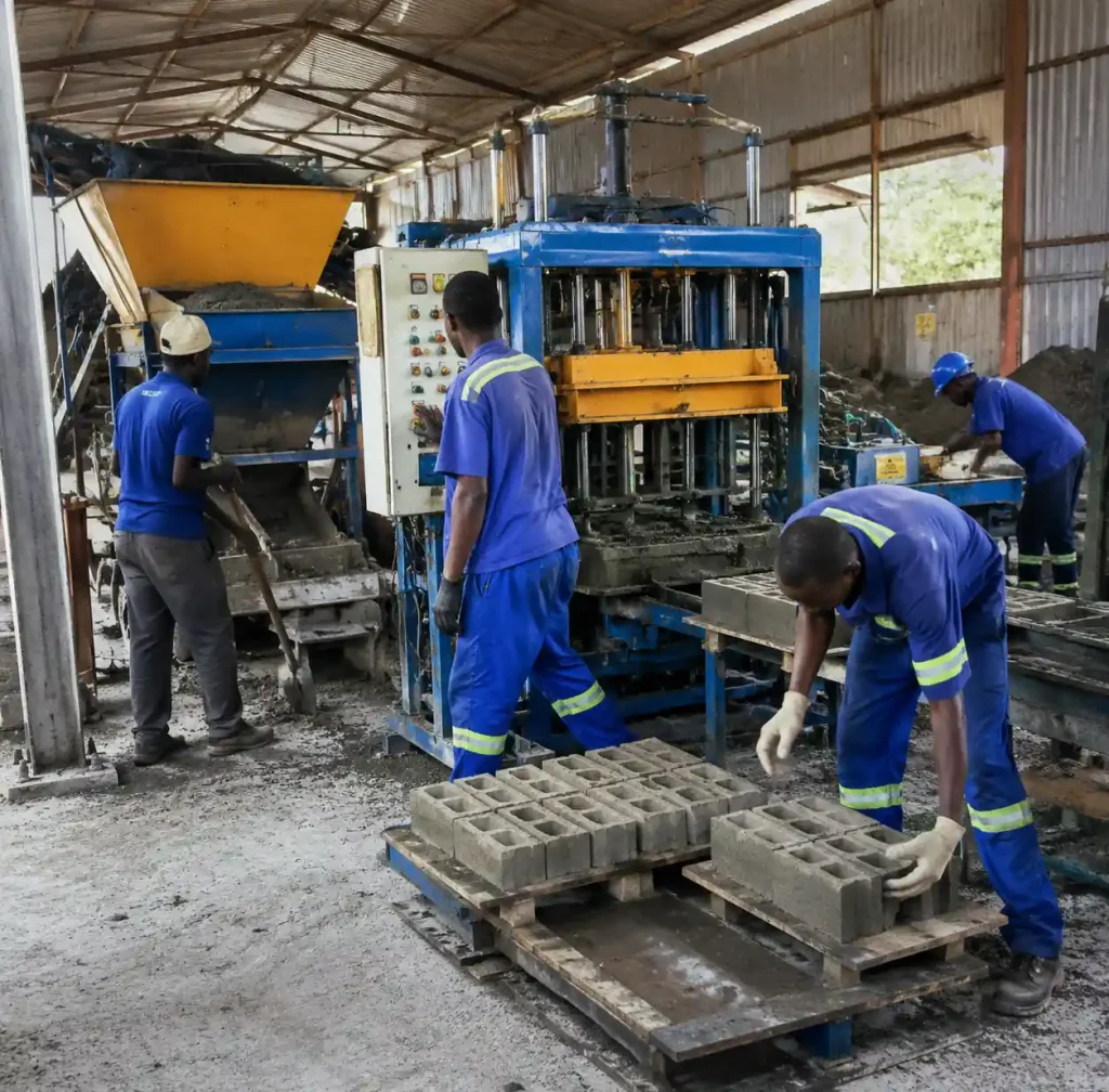 Workers operating manual block making machine showing labor requirements