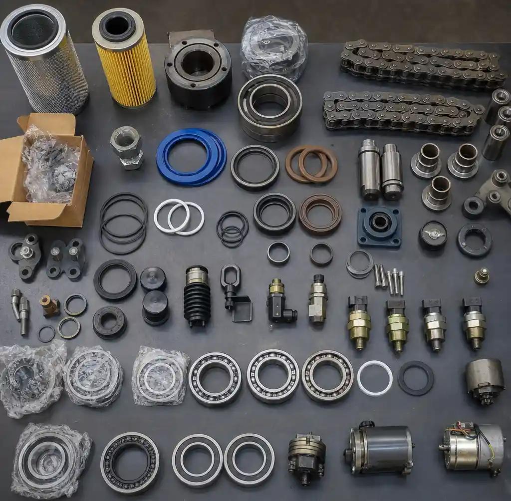 Critical spare parts for block machine maintenance laid out on workbench