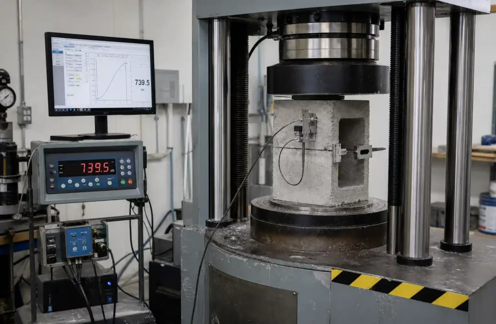 Compressive strength testing of concrete blocks in quality control laboratory