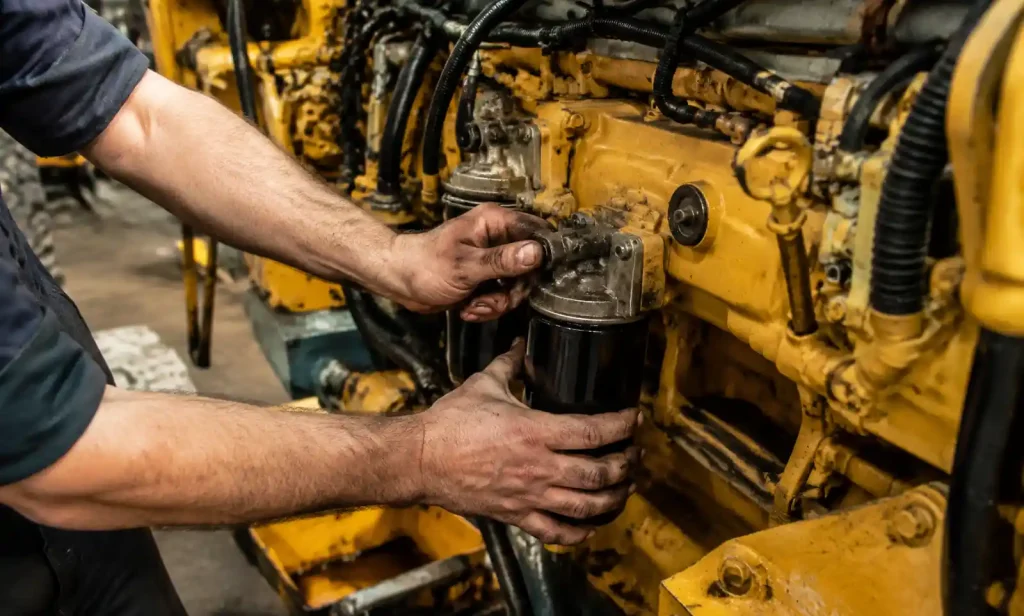 Technician performing maintenance on diesel block machine engine