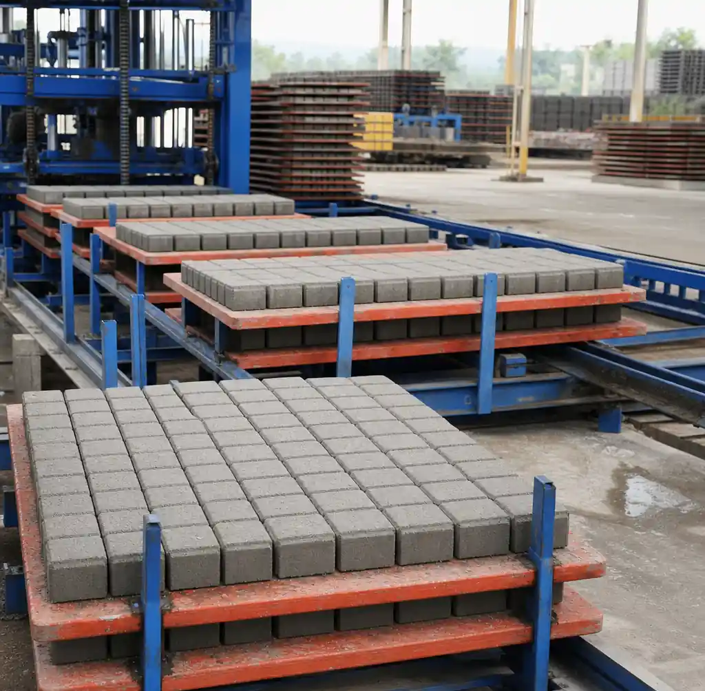 Hydraulic pallet system with freshly molded paver blocks being transferred to curing area