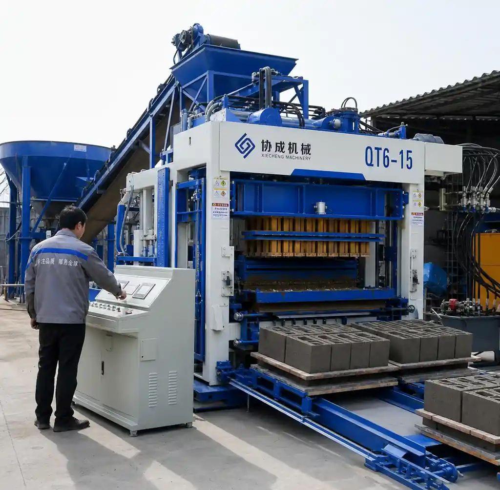 QT6-15 automatic block making machine with PLC control and pallet feeding system