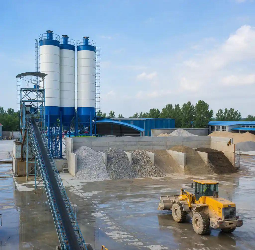Raw material storage facility with cement silos aggregate bins and sand stockpiles for block production
