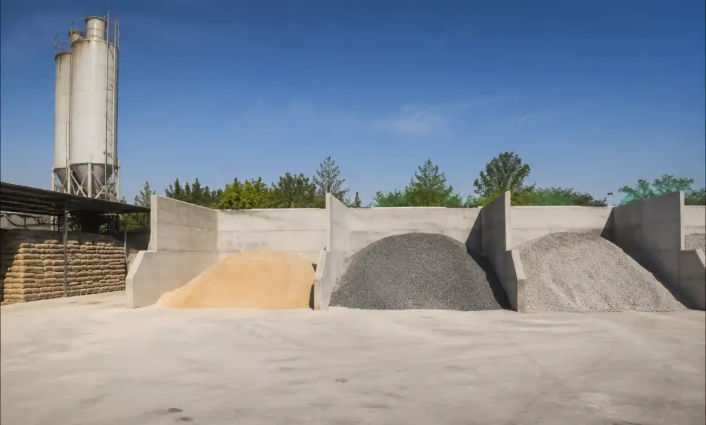 Raw material storage area showing cement and aggregates for block production