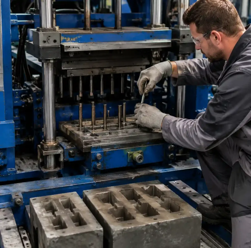 Technician changing block machine mold from hollow to solid