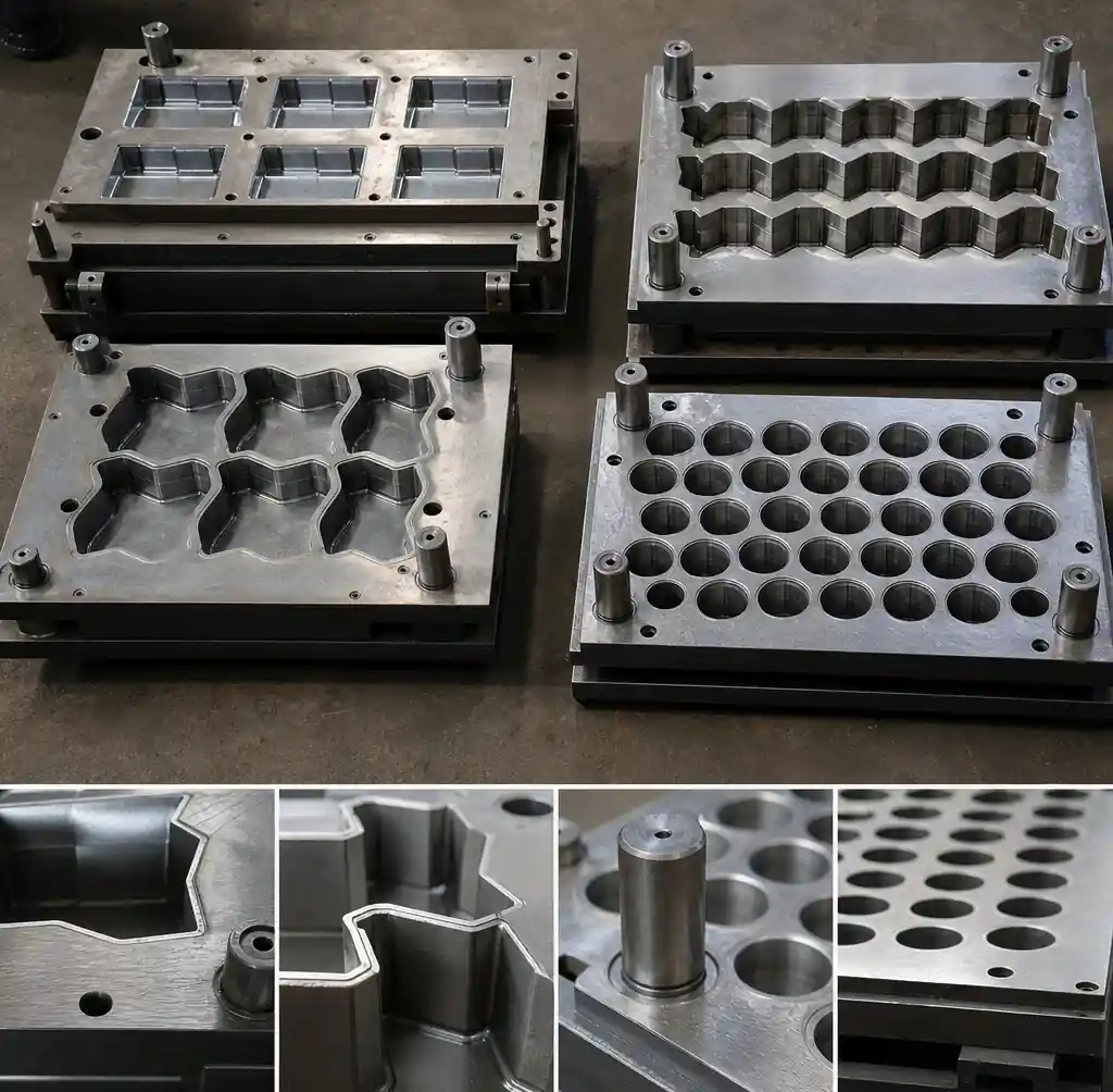 Multiple steel molds for different paver block designs showing production versatility