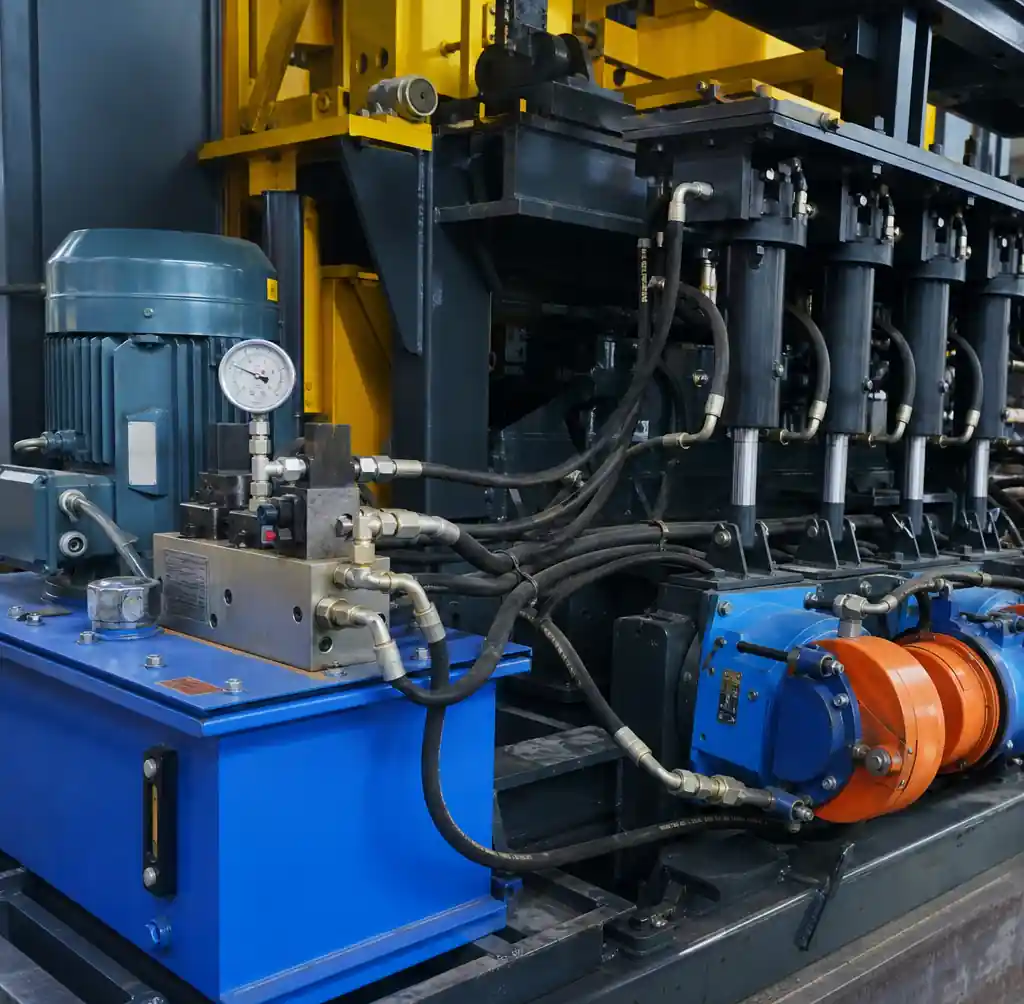 QT10-15 hydraulic system components showing vibration motors cylinders and hydraulic station
