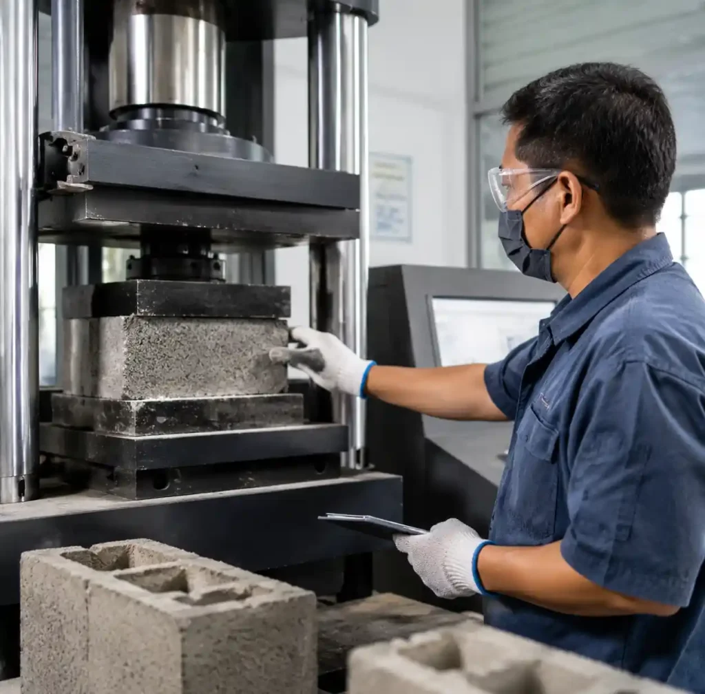 Quality control testing of concrete blocks for strength certification