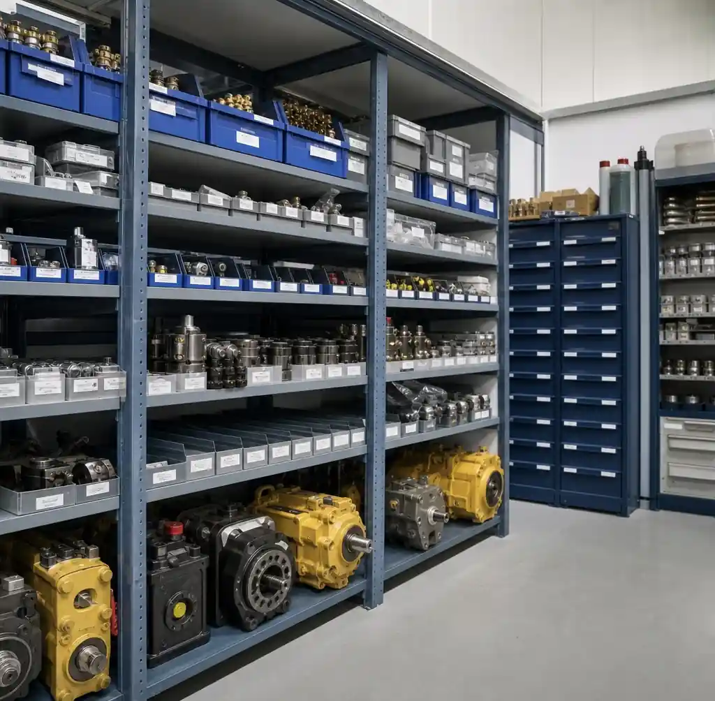 Organized spare parts storage area with labeled components for block machine