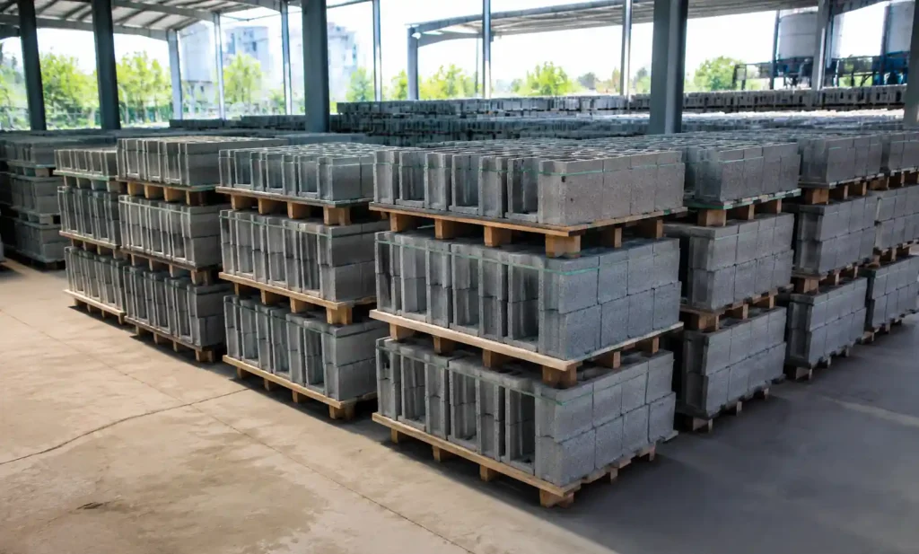 Concrete blocks curing area with organized inventory stacks