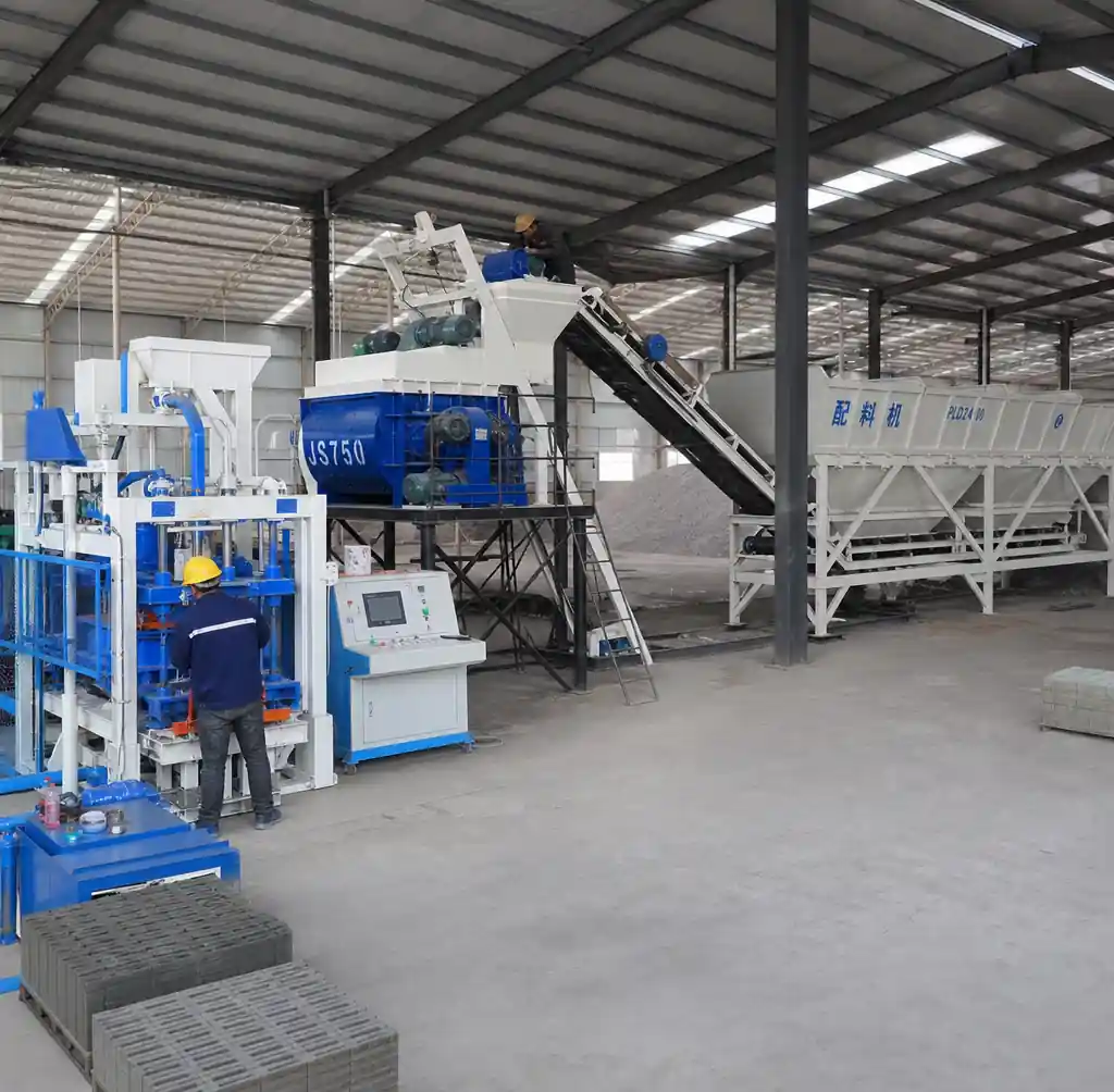 Complete block making production line showing mixer, batching system, and conveyor