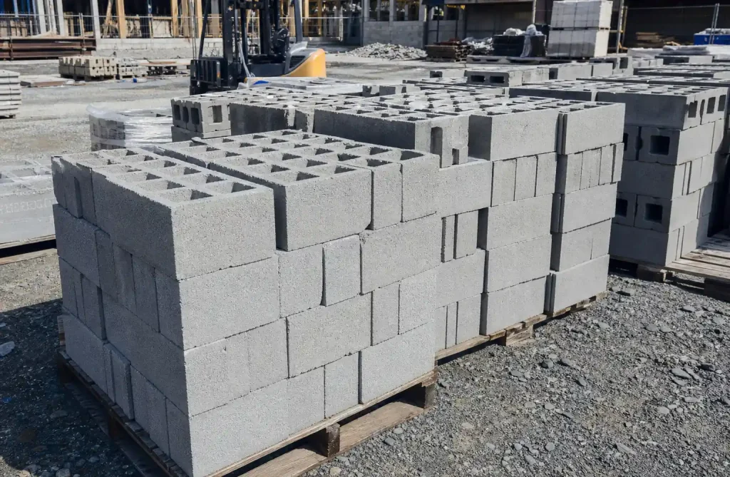 Concrete hollow blocks stacked at construction site ready for building