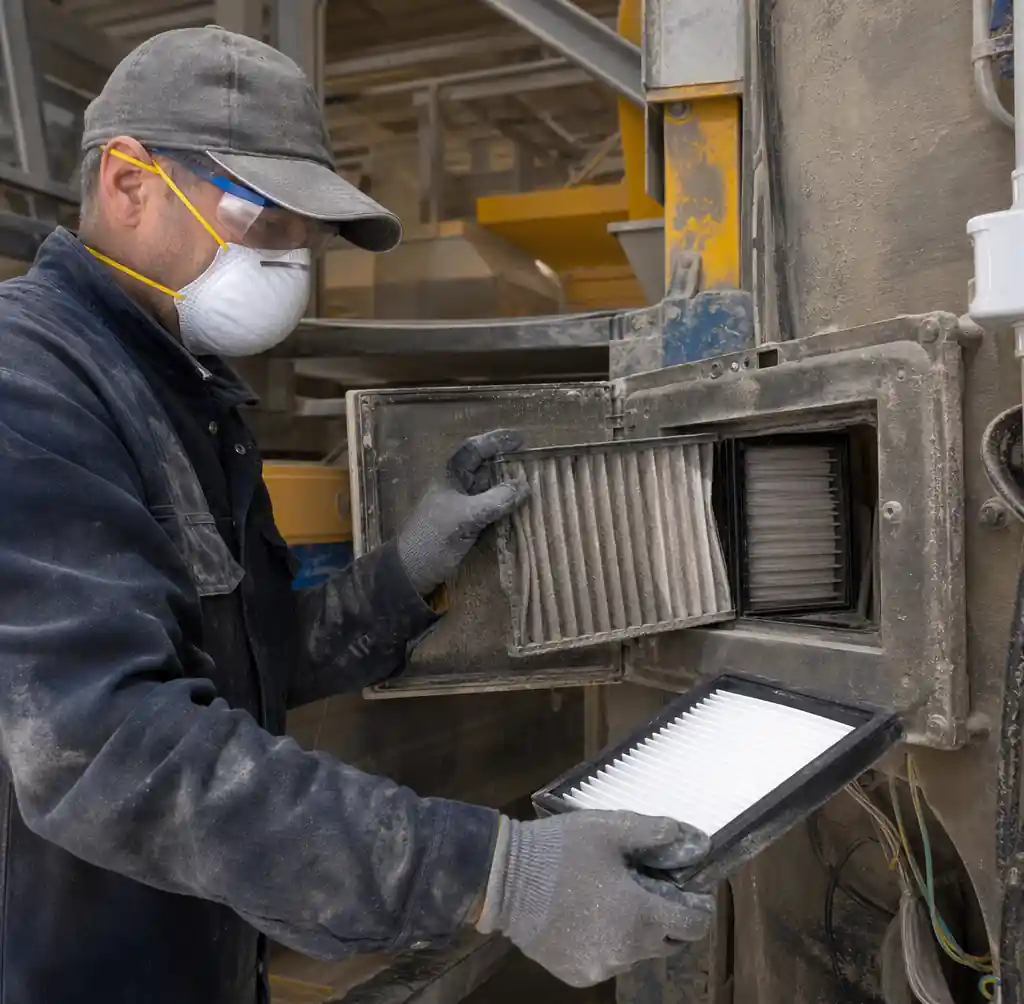 Maintenance worker replacing air filters in dusty block production environment