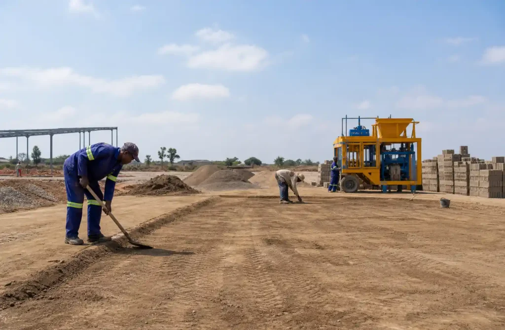 Construction site ground preparation for mobile brick machine operation