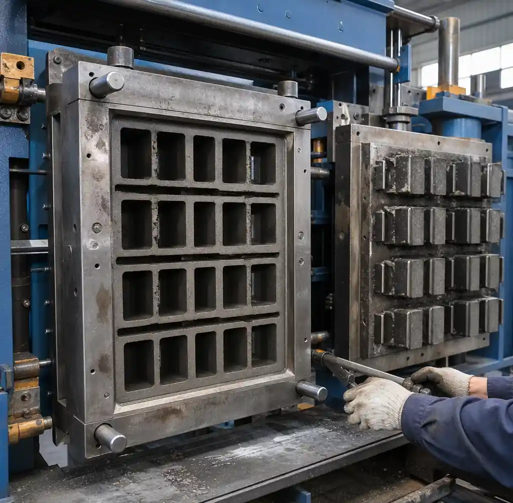 QT10-15 mold assembly showing multi-cavity design and quick-change mounting system