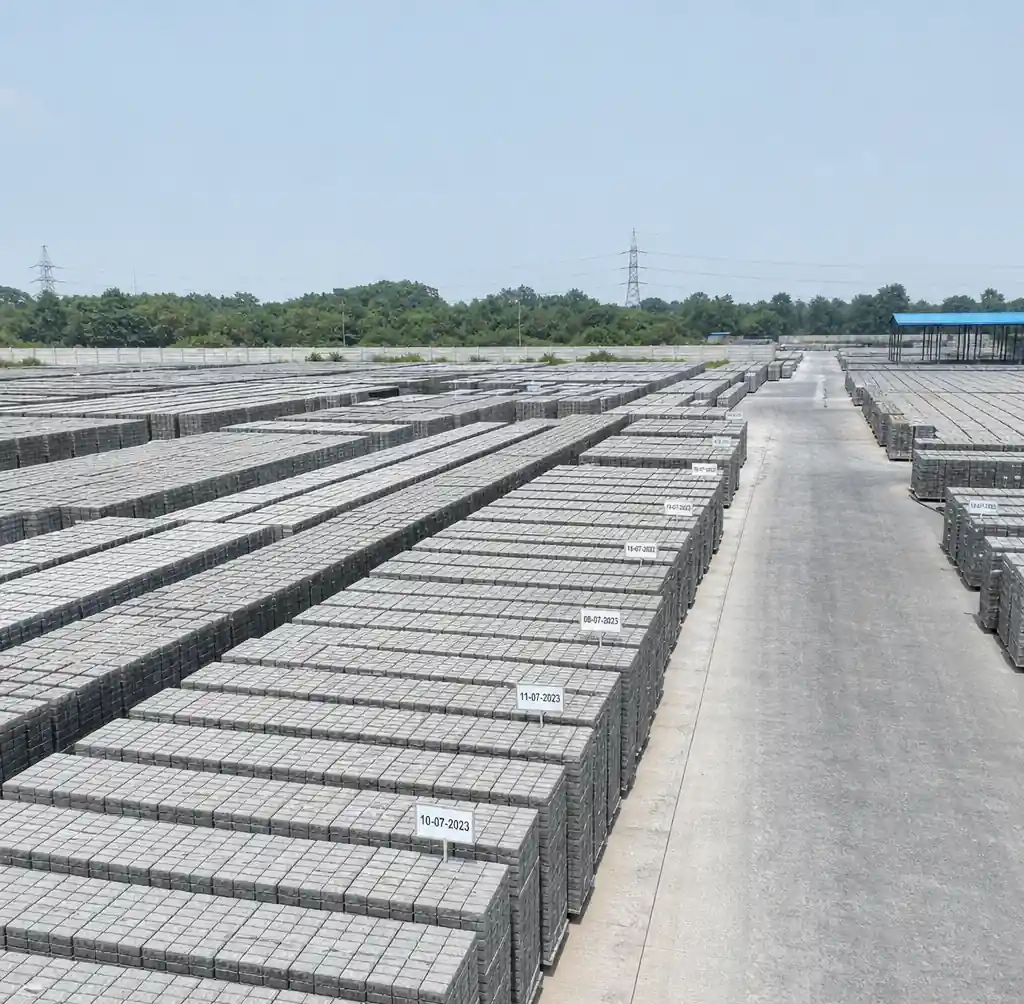 Large-scale paver block curing yard with organized batches for quality control