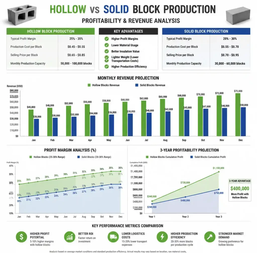 Annual profit projection comparison for hollow and solid block production
