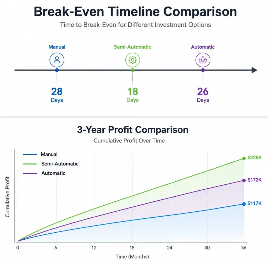 ROI and break-even timeline comparison chart for block machines