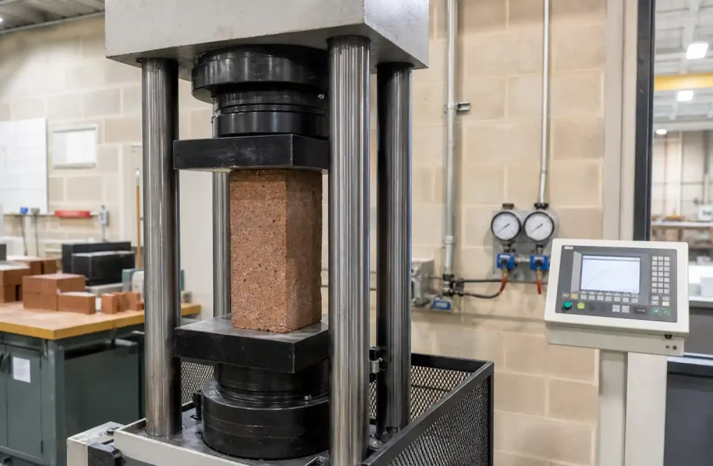 Quality control testing of bricks using compression testing machine
