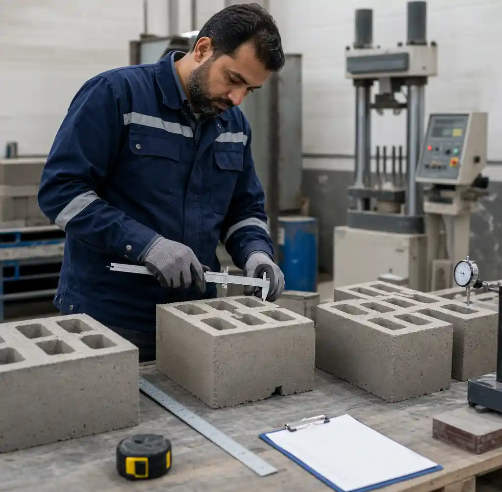 Quality control inspection of finished concrete blocks showing dimensional accuracy and strength testing