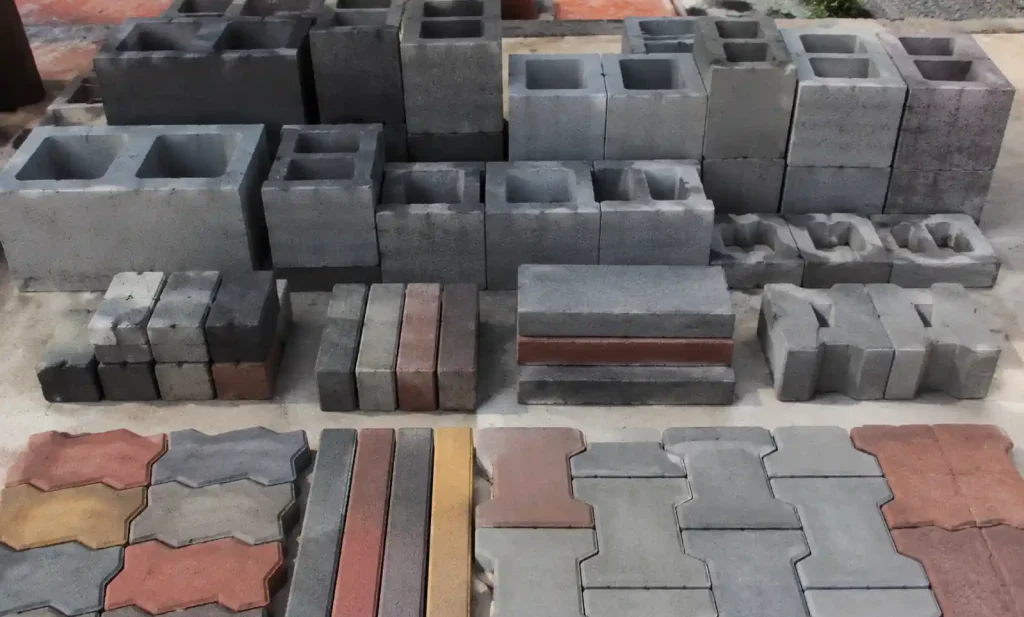 Finished concrete blocks produced by block making machine showing quality